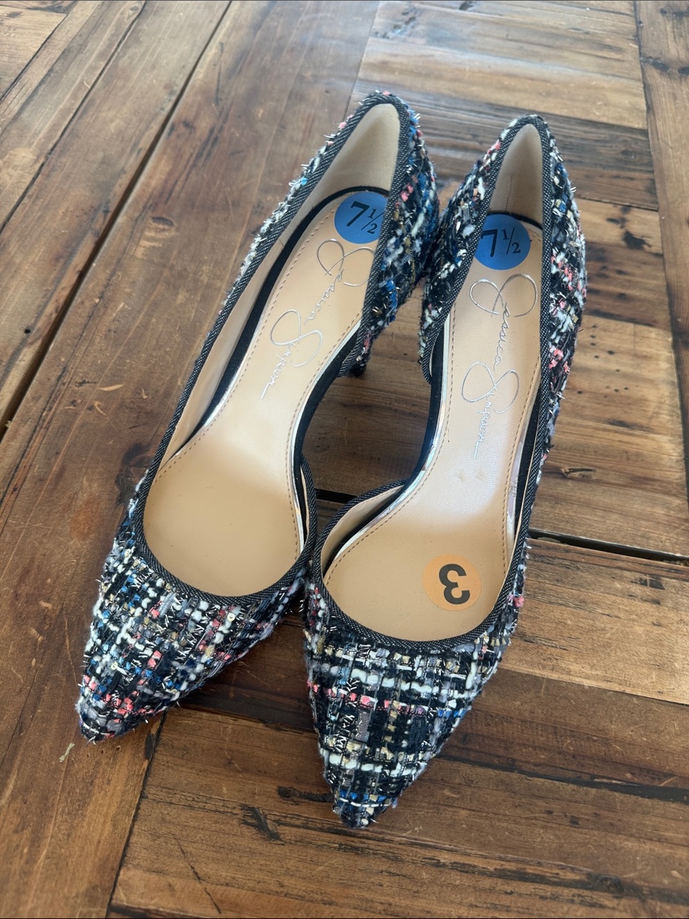 Jessica Simpson Black Tweed Pointed-Toe Pumps with Pink & White Accents